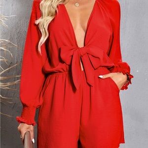 Tied Flounce Sleeve Plunge Romper